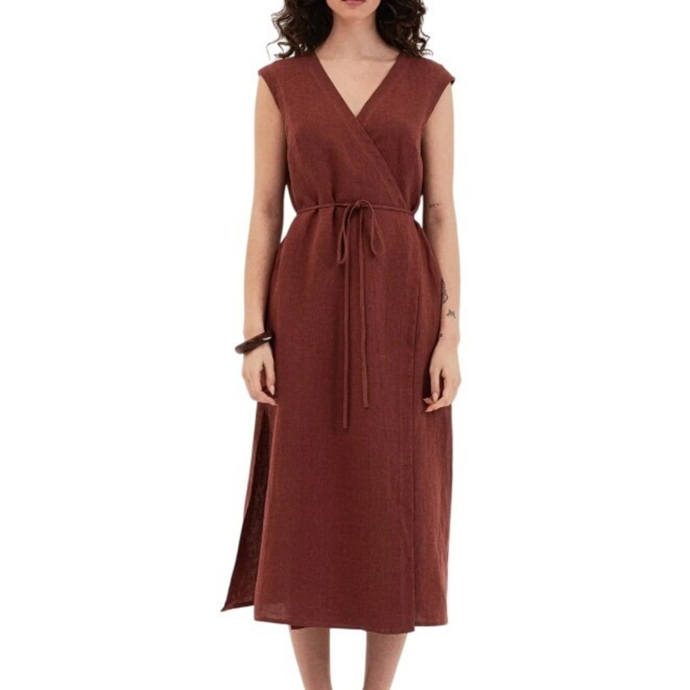 Amour Linen Womens M Aurora Terracota Linen Wrap Dress